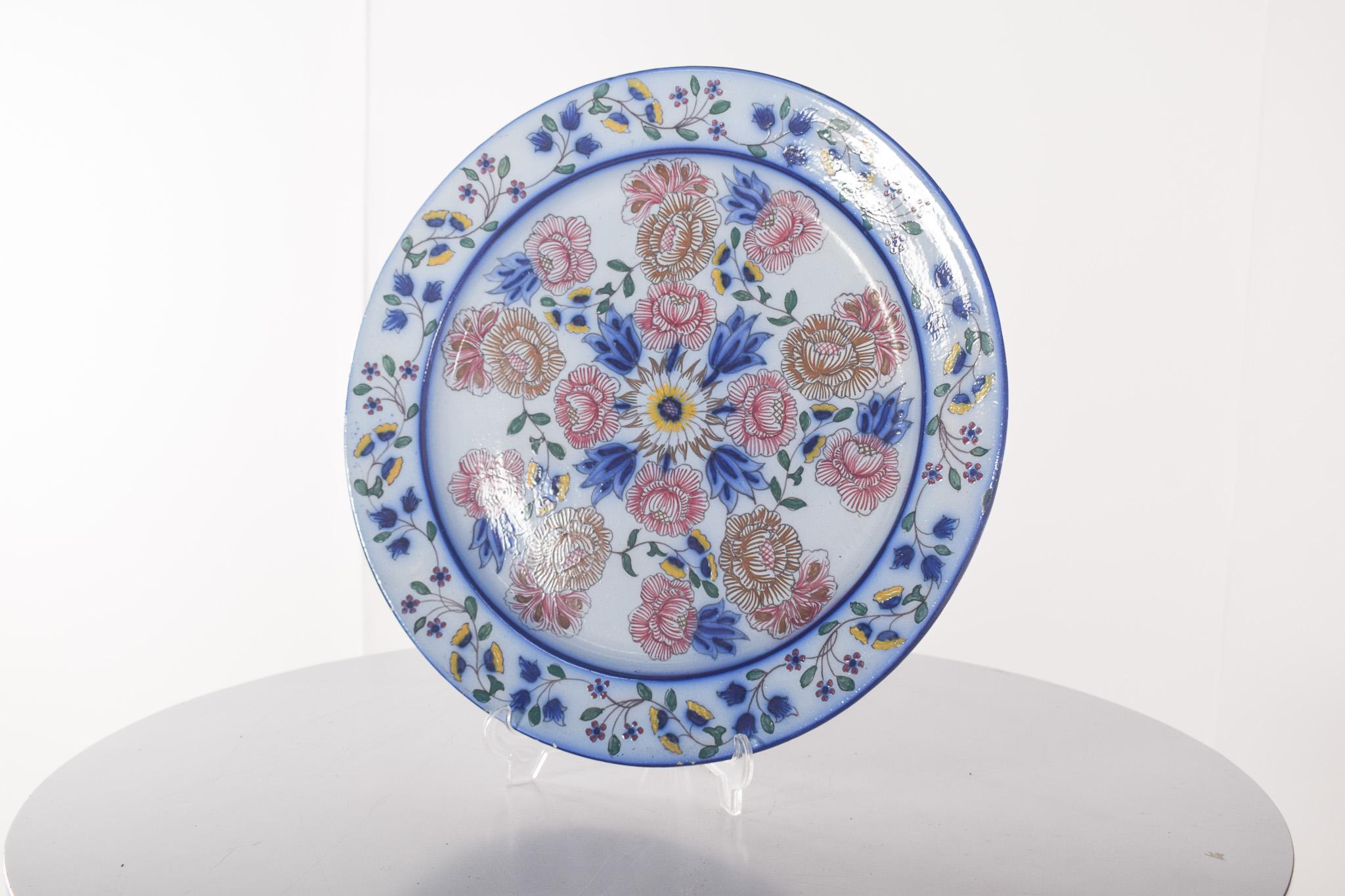 Mid-Century Modern Portuguese Faience Plate from Coimbra Polychrome Decoration For Sale