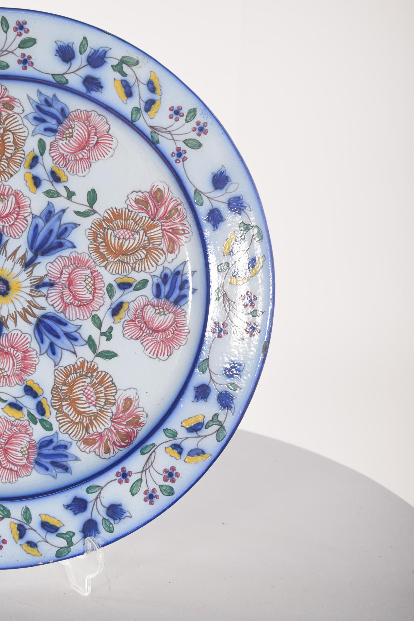 Earthenware Portuguese Faience Plate from Coimbra Polychrome Decoration For Sale