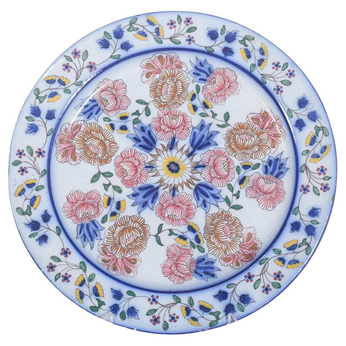 Portuguese Faience Plate from Coimbra Polychrome Decoration For Sale