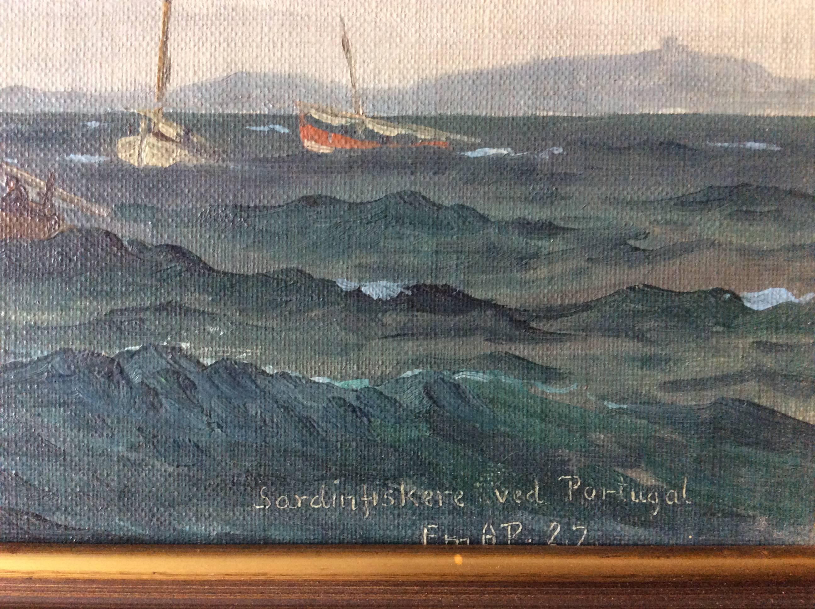 Emanuel A. Petersen 1894-1948 fishermen Portugal sign.Em.A.P.27 canvas on wood.