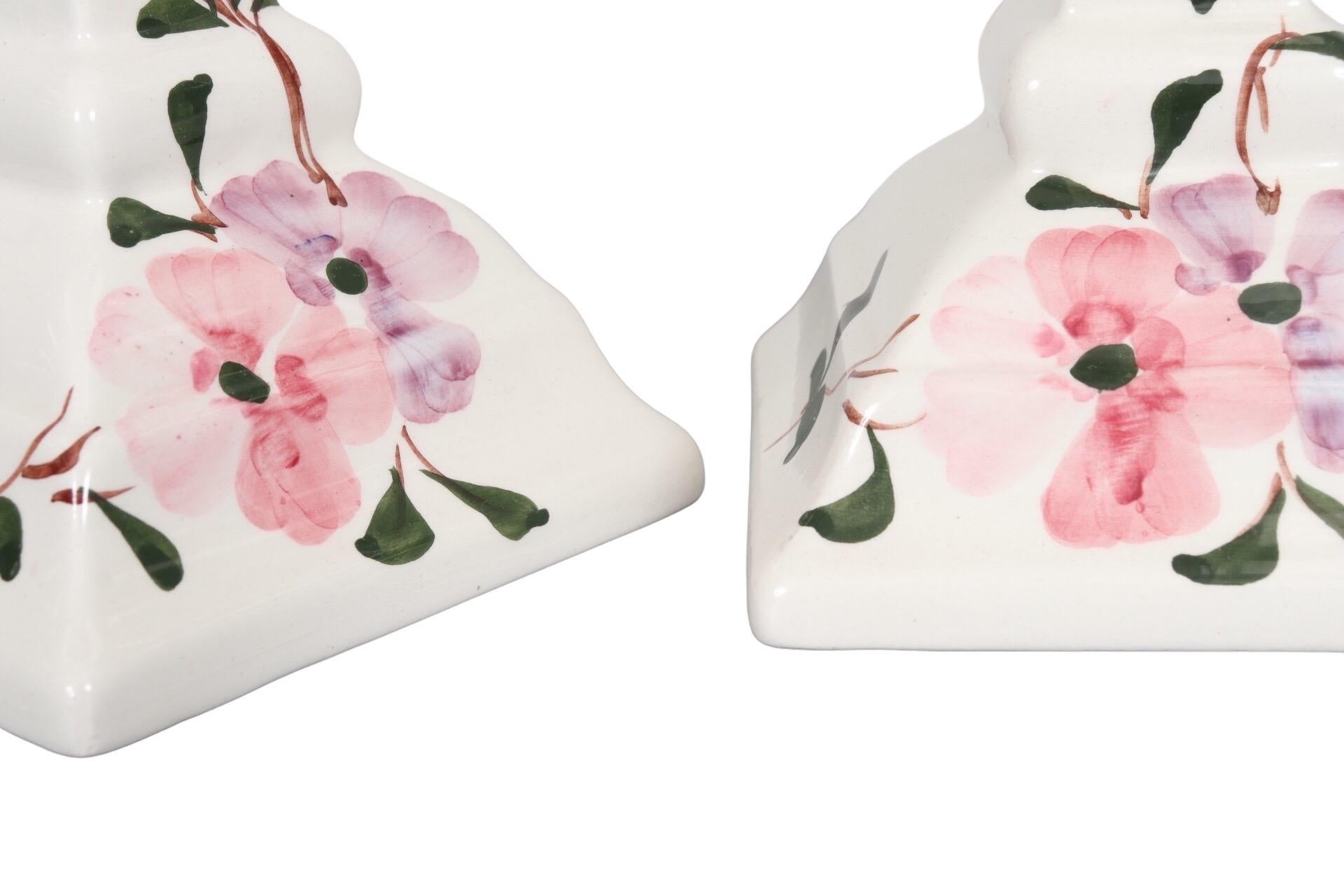 Portuguese Floral Ceramic Candlestick Holders, a Pair 3