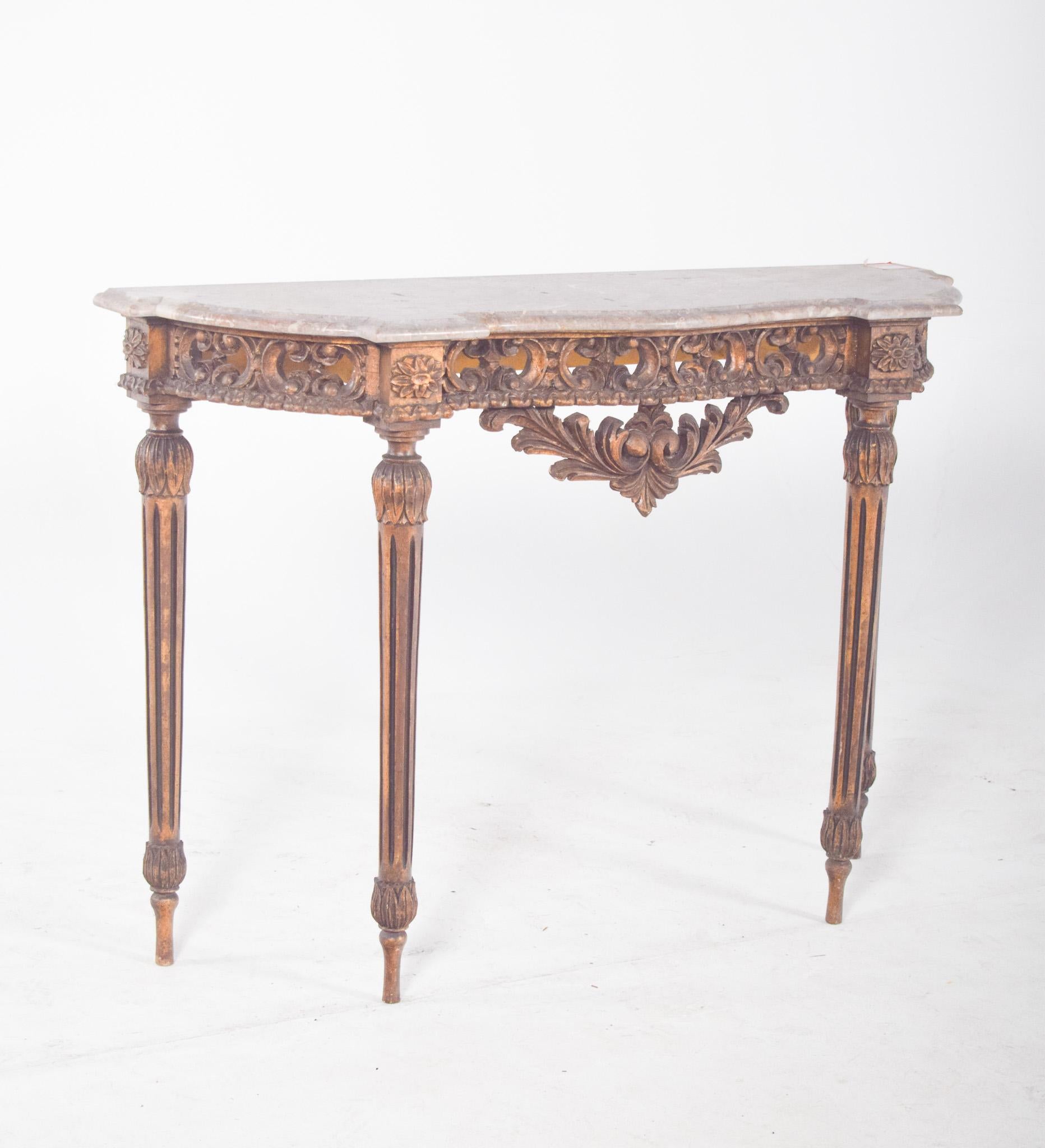 Carved Portuguese Gilded Carving Side Table with Marble Top For Sale