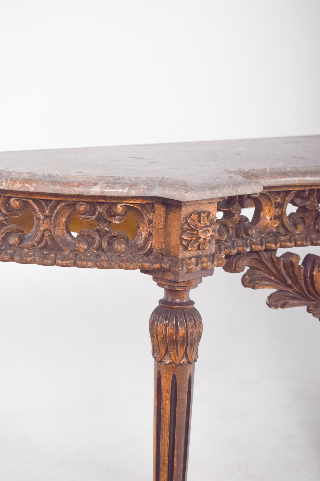 Wood Portuguese Gilded Carving Side Table with Marble Top For Sale