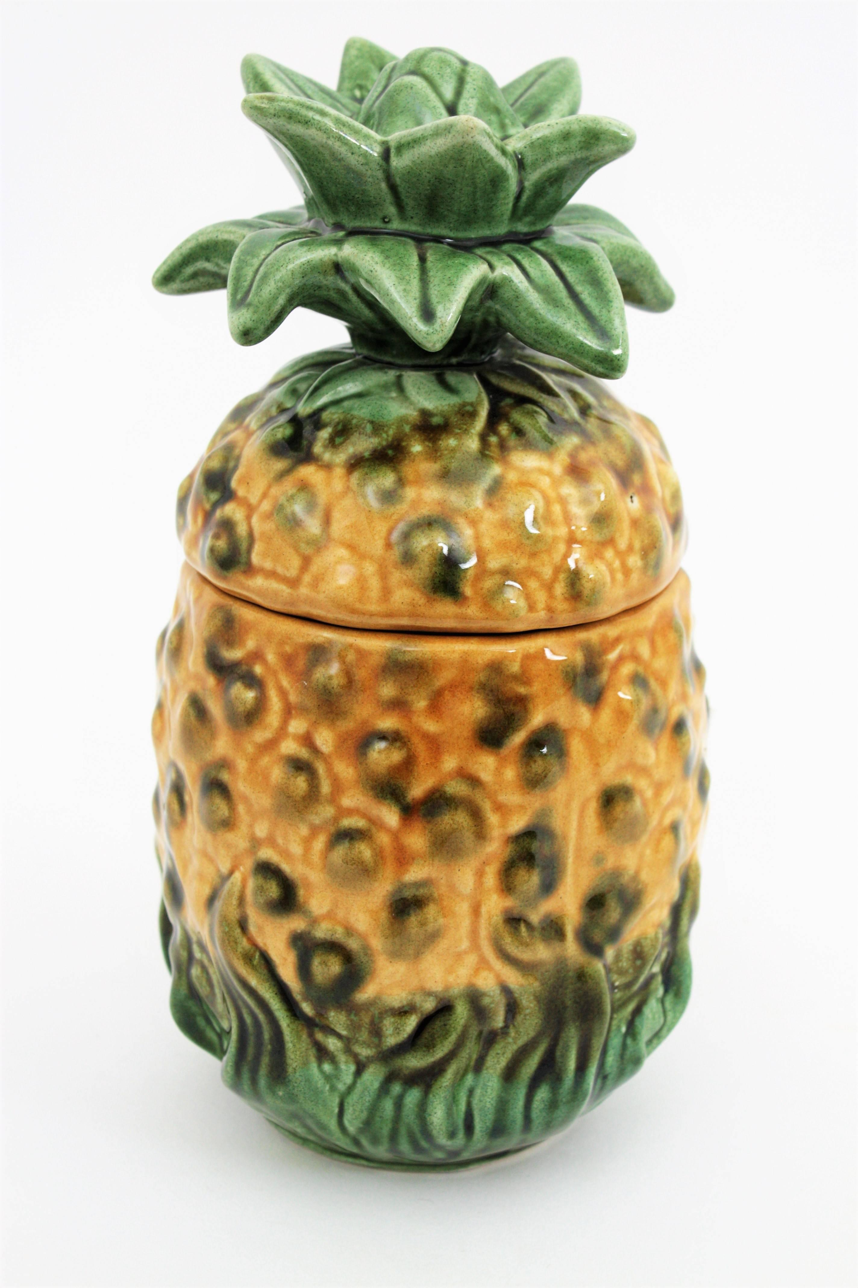 Mid-Century Modern Portuguese Glazed Ceramic Pineapple Pot with Lid or Ice Bucket, 1960s