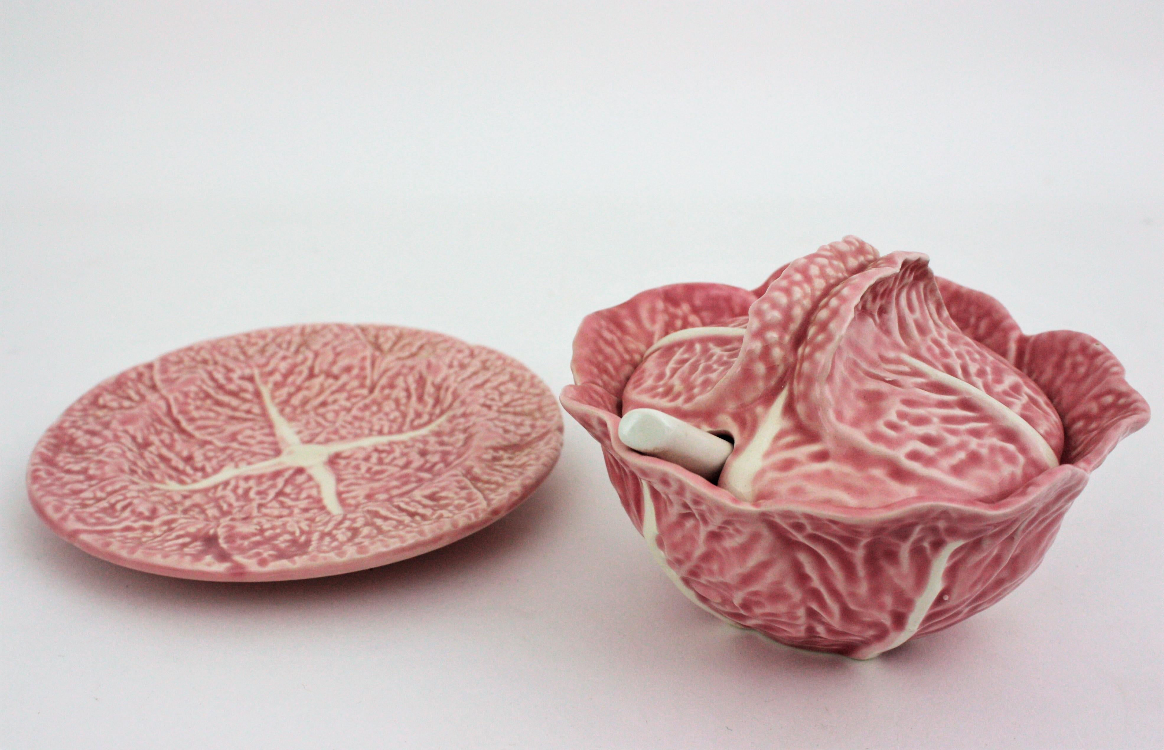 Mid-Century Modern Pink Cabbage Glazed Ceramic Small Tureen or Bowl, Portugal, 1960s For Sale