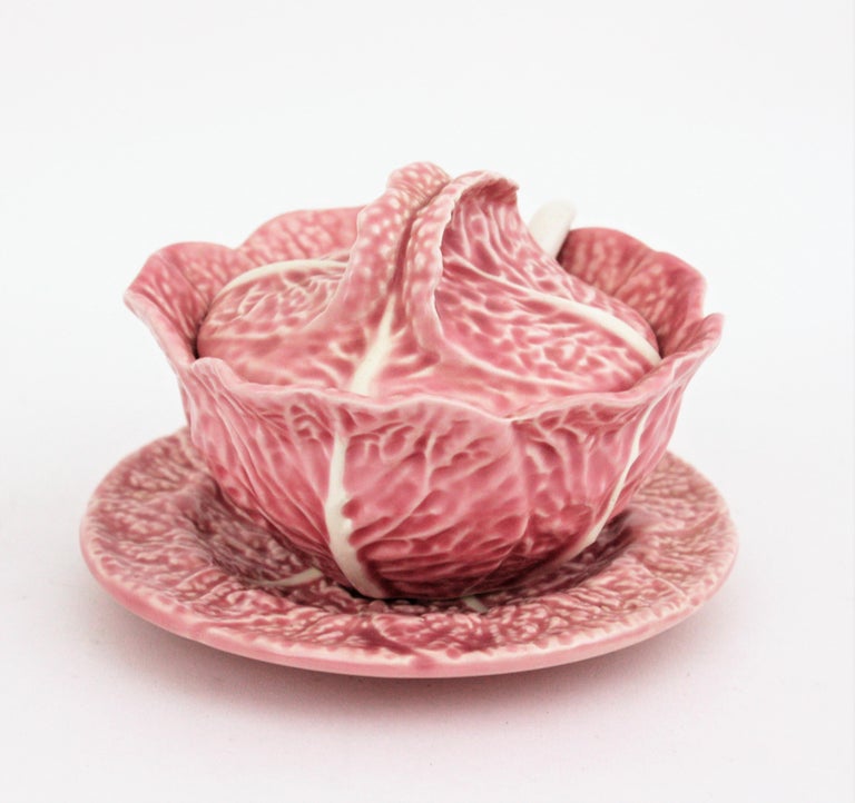 Portuguese Glazed Ceramic Pink Cabbage Small Tureen or Bowl, Plate and