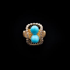Portuguese Gold Ring with Turquoise Pearls and Rose-Cut Diamonds