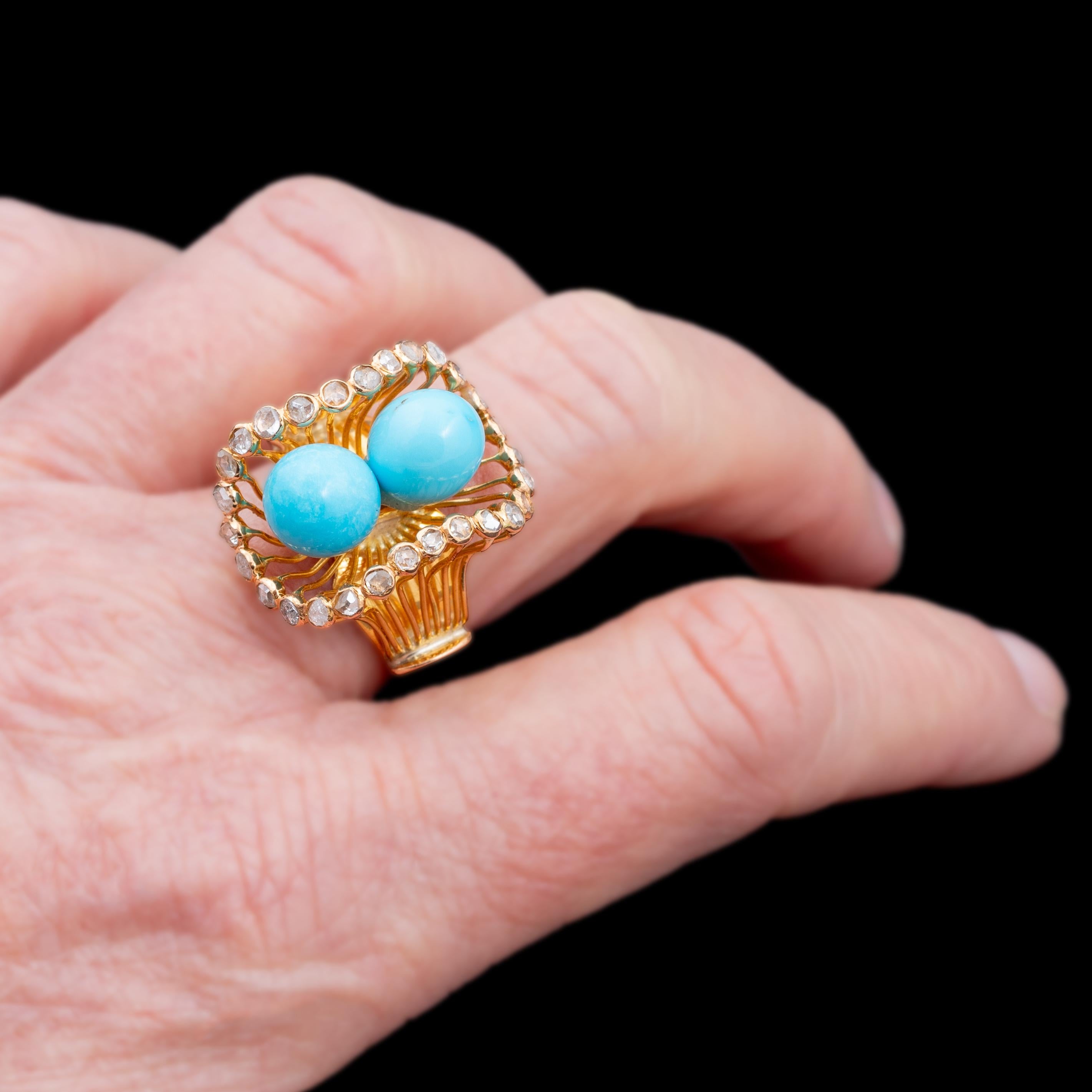 Revival Portuguese Gold Ring with Turquoise Pearls and Rose-Cut Diamonds For Sale