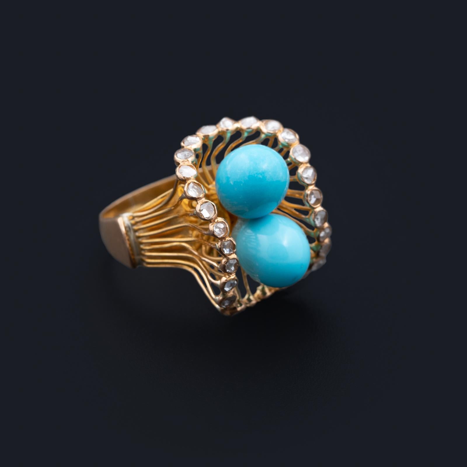 Portuguese Gold Ring with Turquoise Pearls and Rose-Cut Diamonds In Excellent Condition For Sale In Lisboa, PT