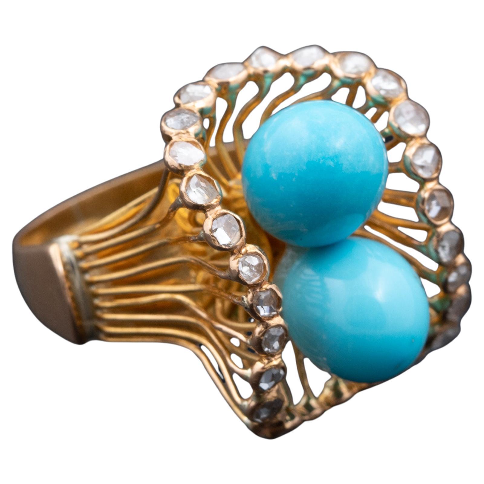 Portuguese Gold Ring with Turquoise Pearls and Rose-Cut Diamonds For Sale