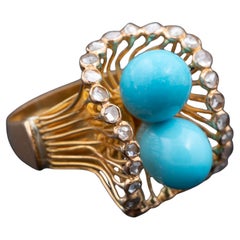 Portuguese Gold Ring with Turquoise Pearls and Rose-Cut Diamonds