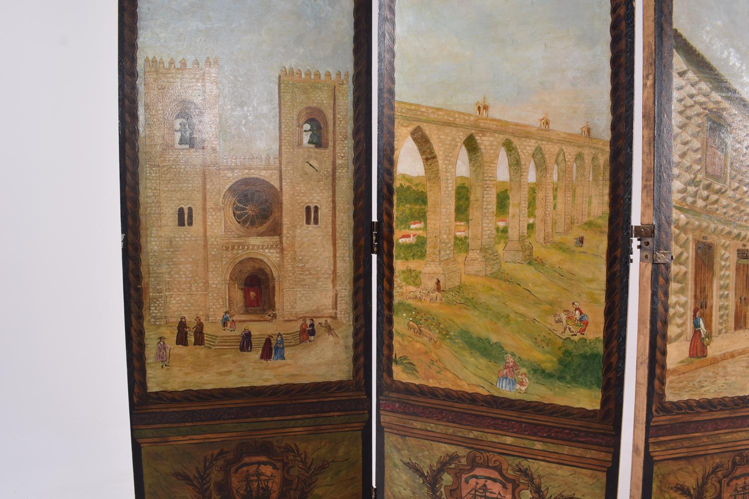 This antique Portuguese dressing screen is an exquisite piece of decorative art that encapsulates the rich history and cultural heritage of Lisbon and Portugal's Age of Discovery. Each of the four panels, measuring approximately 49.5 cm in width,