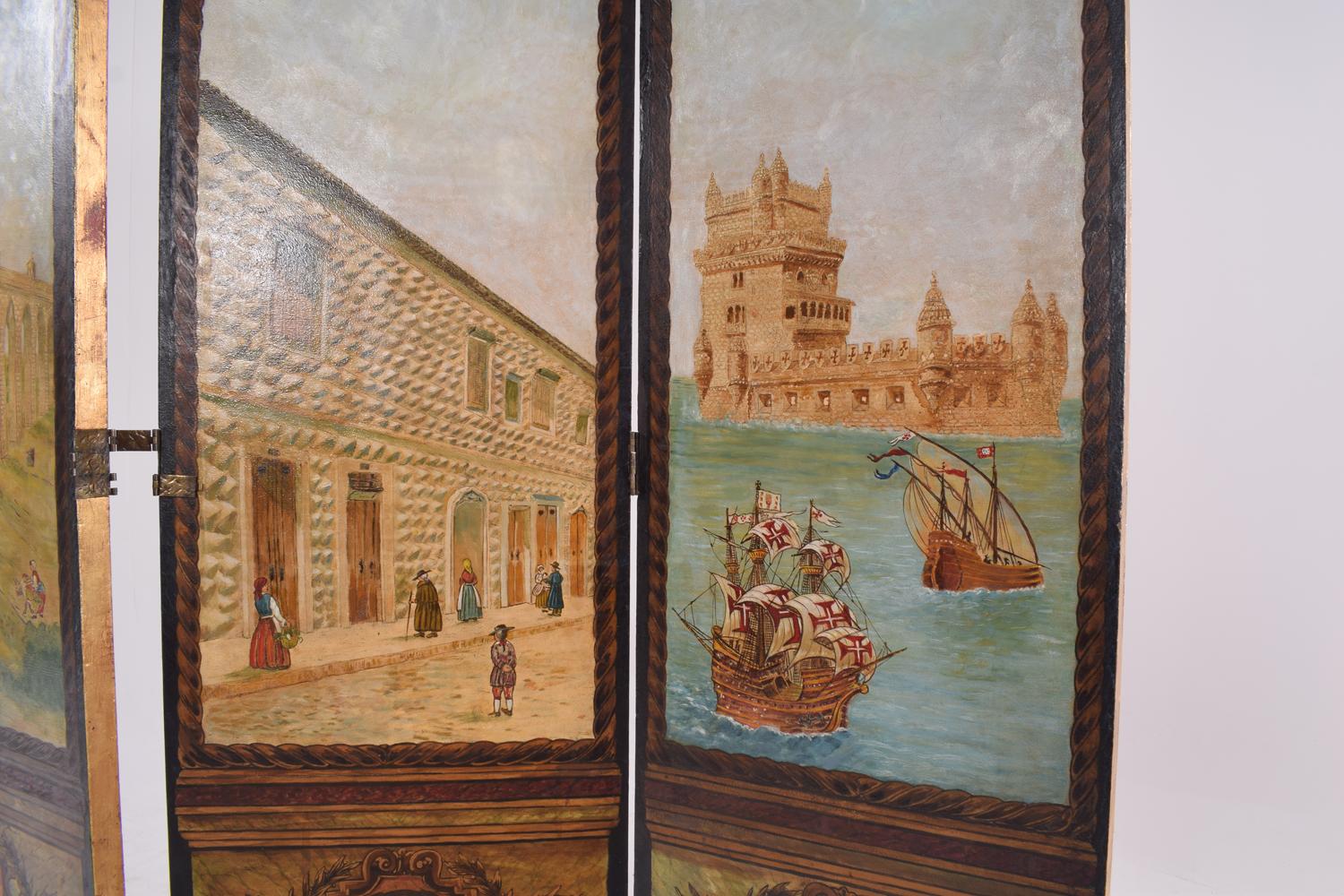 This antique Portuguese dressing screen is an exquisite piece of decorative art that encapsulates the rich history and cultural heritage of Lisbon and Portugal's Age of Discovery. Each of the four panels, measuring approximately 49.5 cm in width,