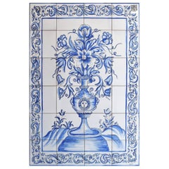 Vintage Portuguese Hand-Painted Glazed Ceramic Tile Panel