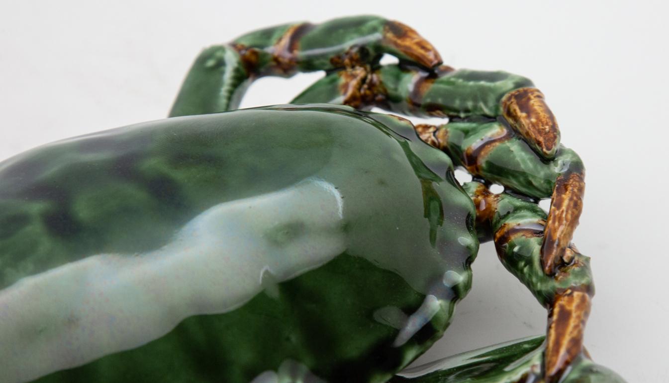 Portuguese Handmade Pallissy or Majollica Green Ceramic Crab 7