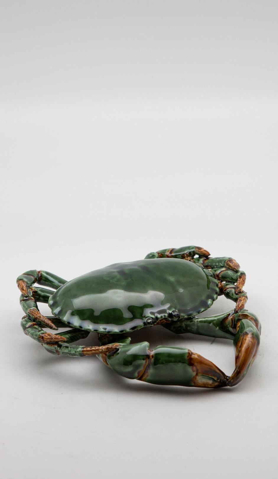 Contemporary Portuguese Handmade Pallissy or Majollica Green Ceramic Crab