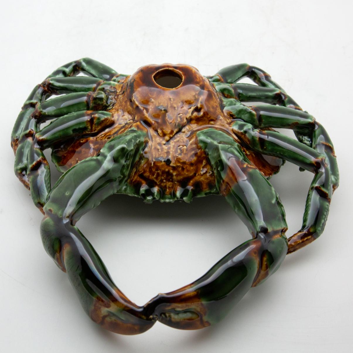 Portuguese Handmade Pallissy or Majollica Green Ceramic Crab 3