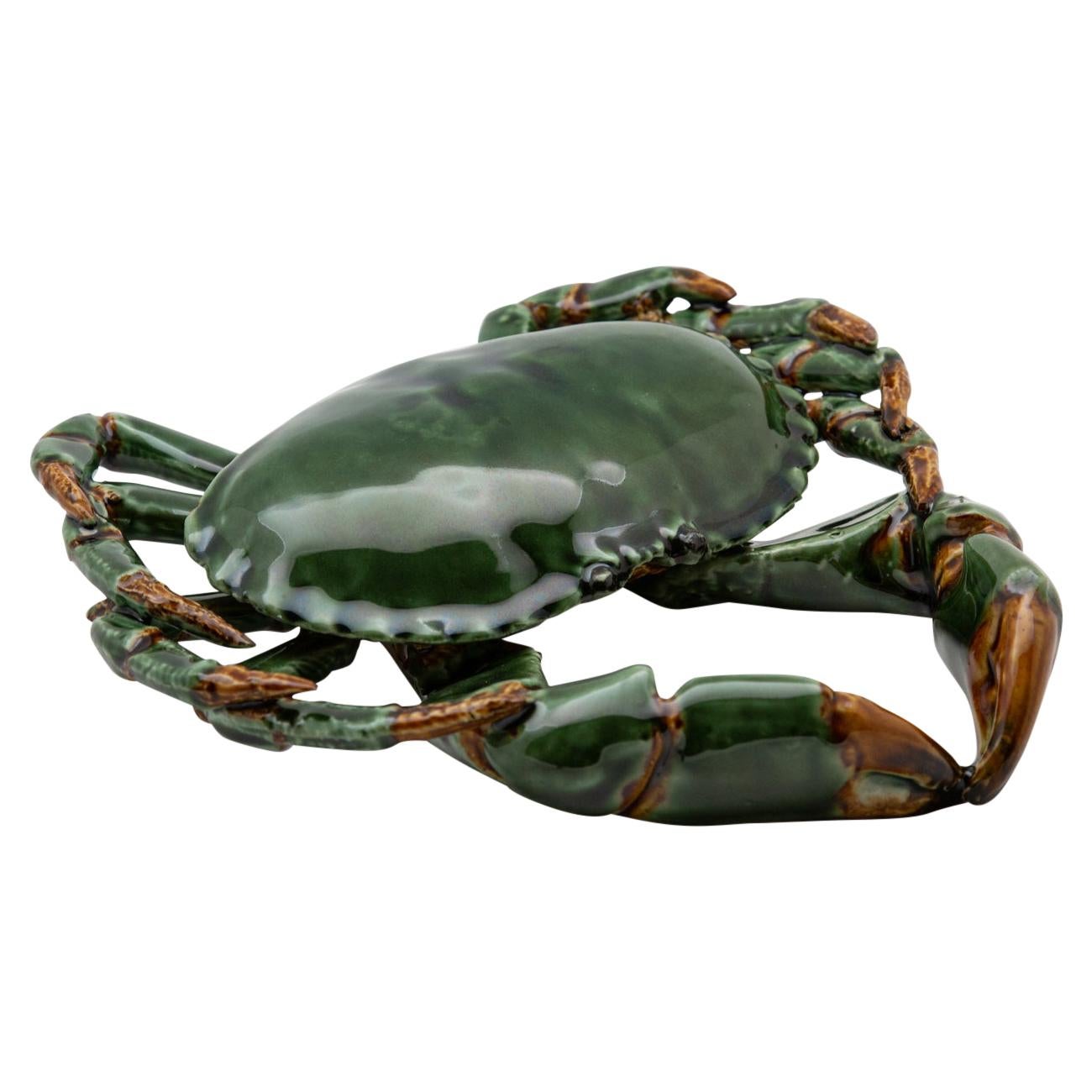 Portuguese Handmade Pallissy or Majollica Green Ceramic Crab