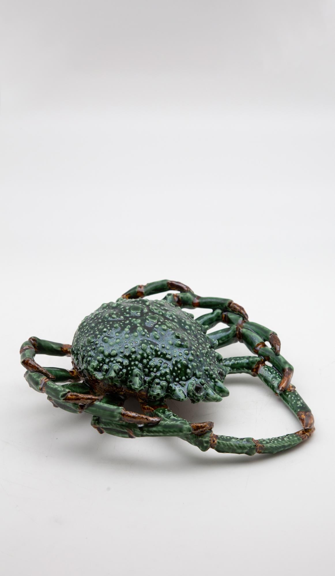 Contemporary Portuguese Handmade Pallissy or Majolica Green Ceramic Spider Crab