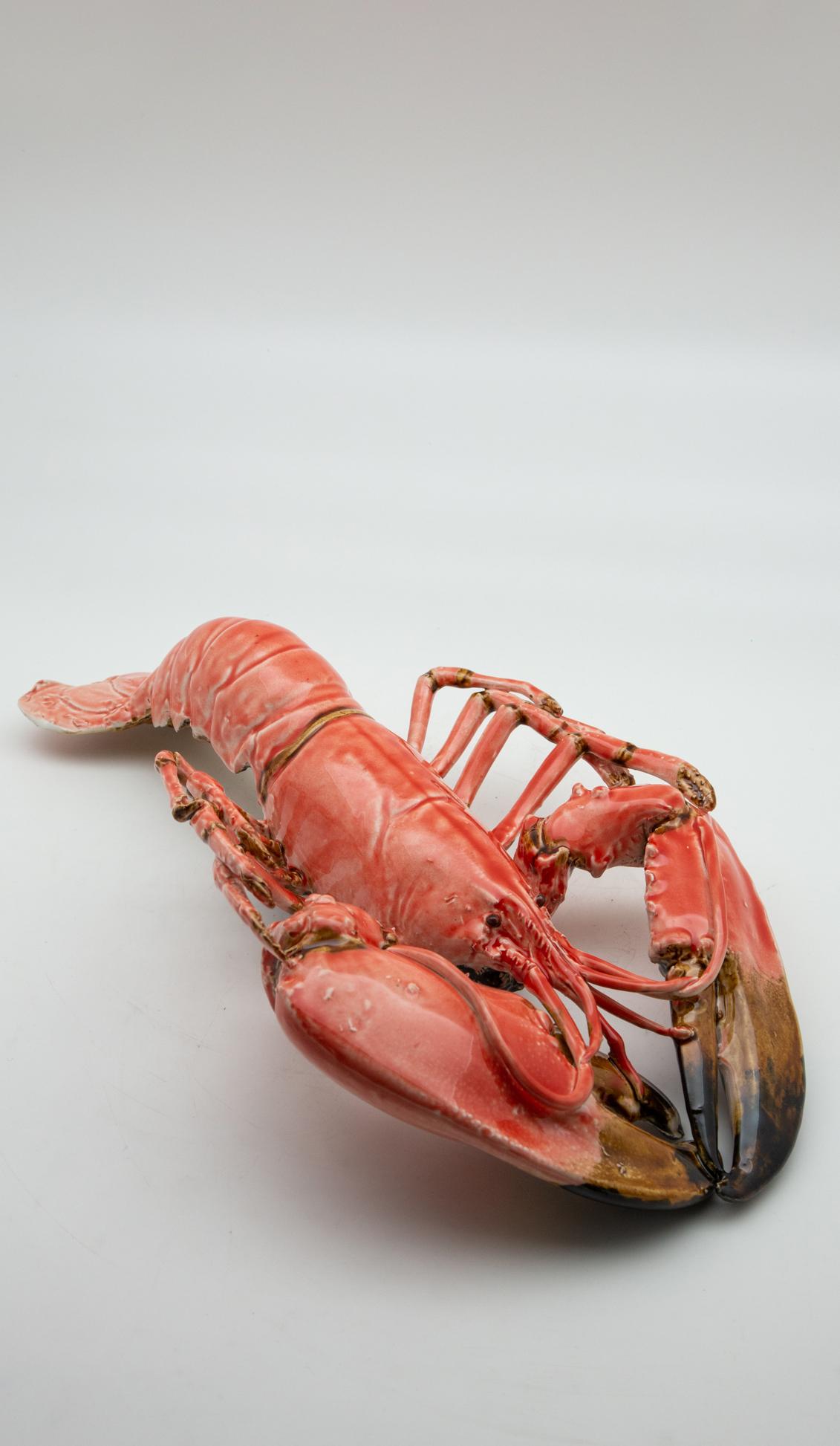 Portuguese Handmade Pallissy or Majolica Large Coral Lobster In New Condition In New York, NY