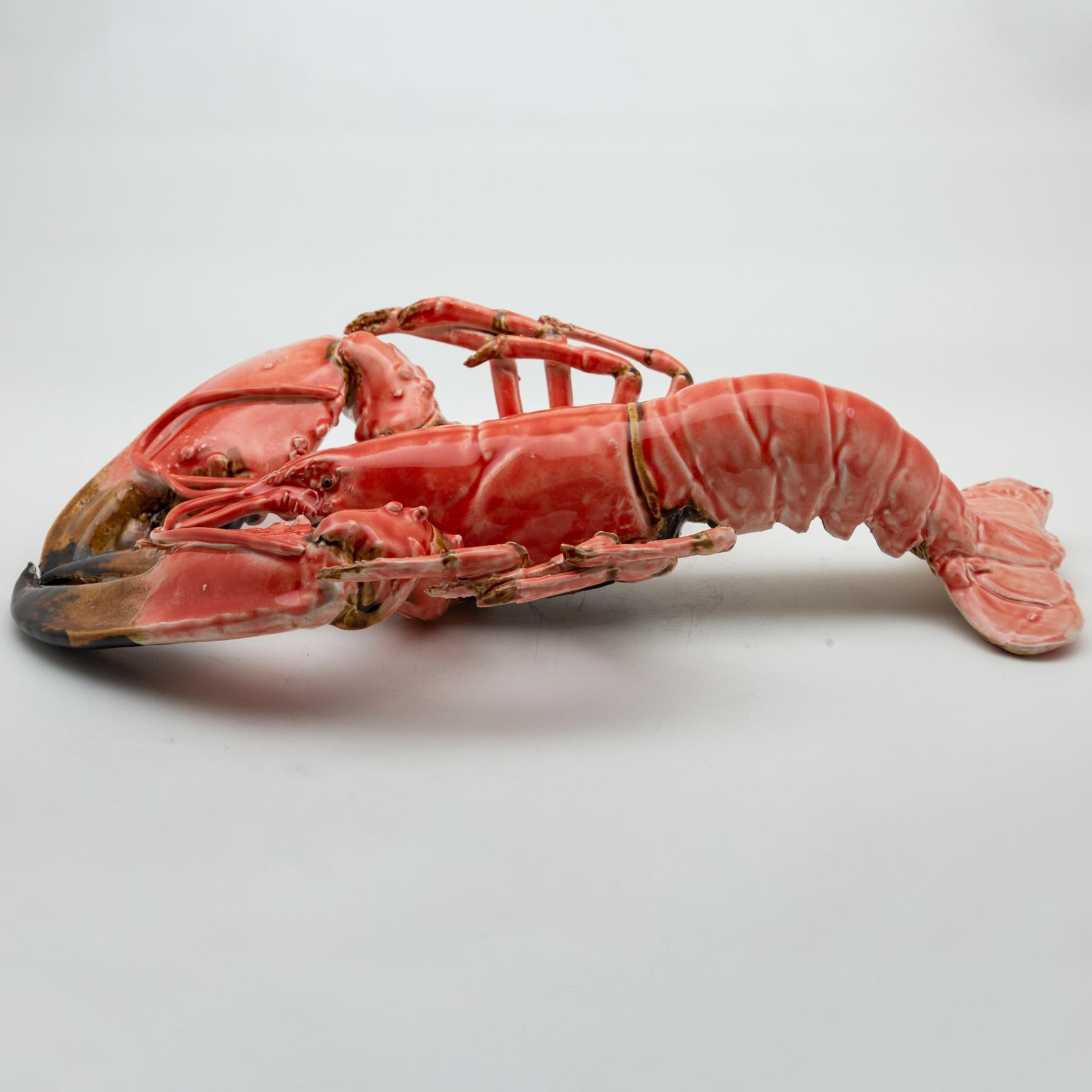 Contemporary Portuguese Handmade Pallissy or Majolica Large Coral Lobster