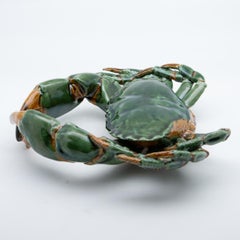 Portuguese Handmade Pallissy or Majollica Large Green Ceramic Crab