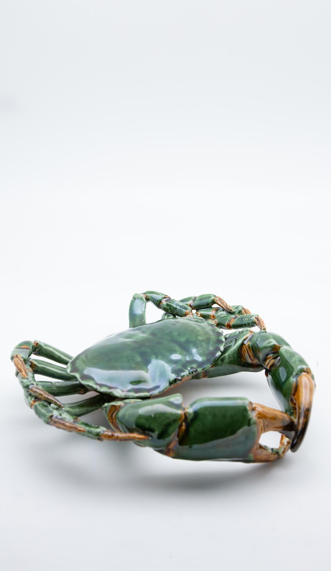 Contemporary Portuguese Handmade Pallissy or Majollica Large Green Ceramic Crab