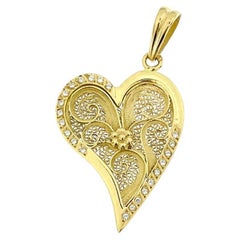 Vintage Portuguese Heart Pendant Yellow Gold with Zircons