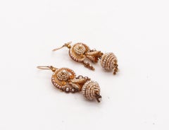 Portuguese Iberian 1850 Dangle Drop Filigree Earrings 21Kt Gold With Seed Pearls