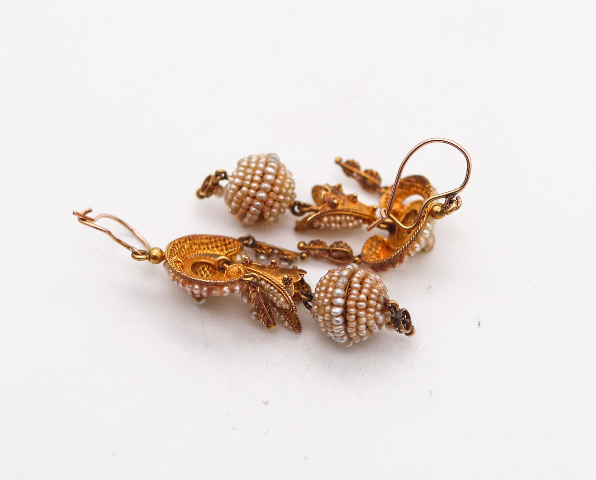 High Victorian Portuguese Iberian 1850 Dangle Drop Filigree Earrings 21Kt Gold With Seed Pearls