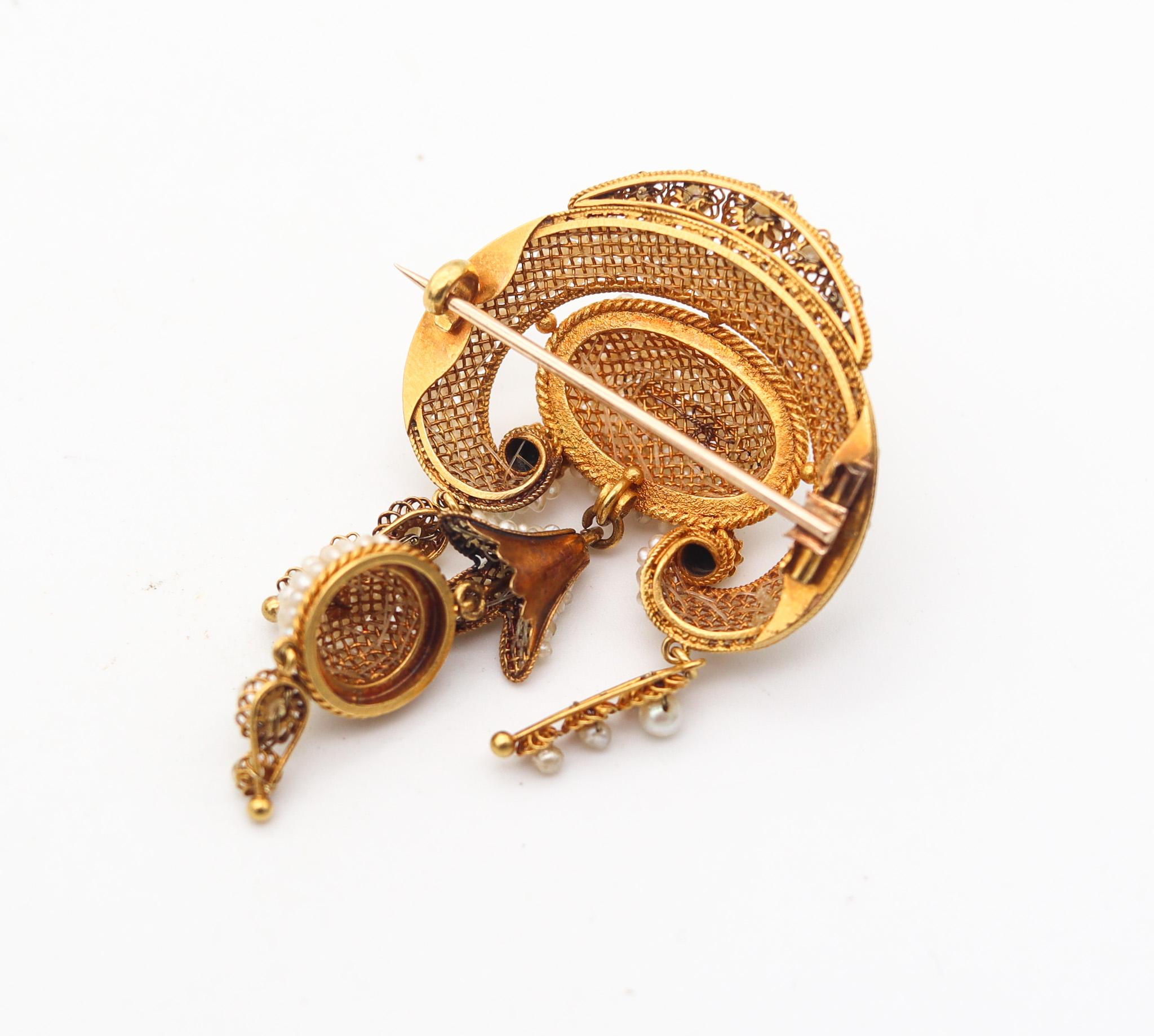 Round Cut Portuguese Iberian 1850 Filigree Brooch In 21Kt Yellow Gold With Seed Pearls For Sale