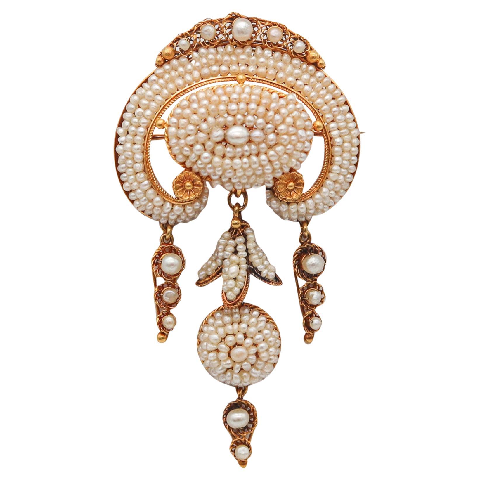 Portuguese Iberian 1850 Filigree Brooch In 21Kt Yellow Gold With Seed Pearls For Sale