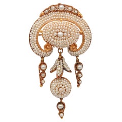 Antique Portuguese Iberian 1850 Filigree Brooch In 21Kt Yellow Gold With Seed Pearls