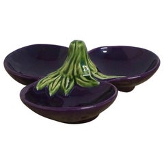 Portuguese Majolica Ceramic Brinjal Three-Part Serving Platter or Bowl, 1960s