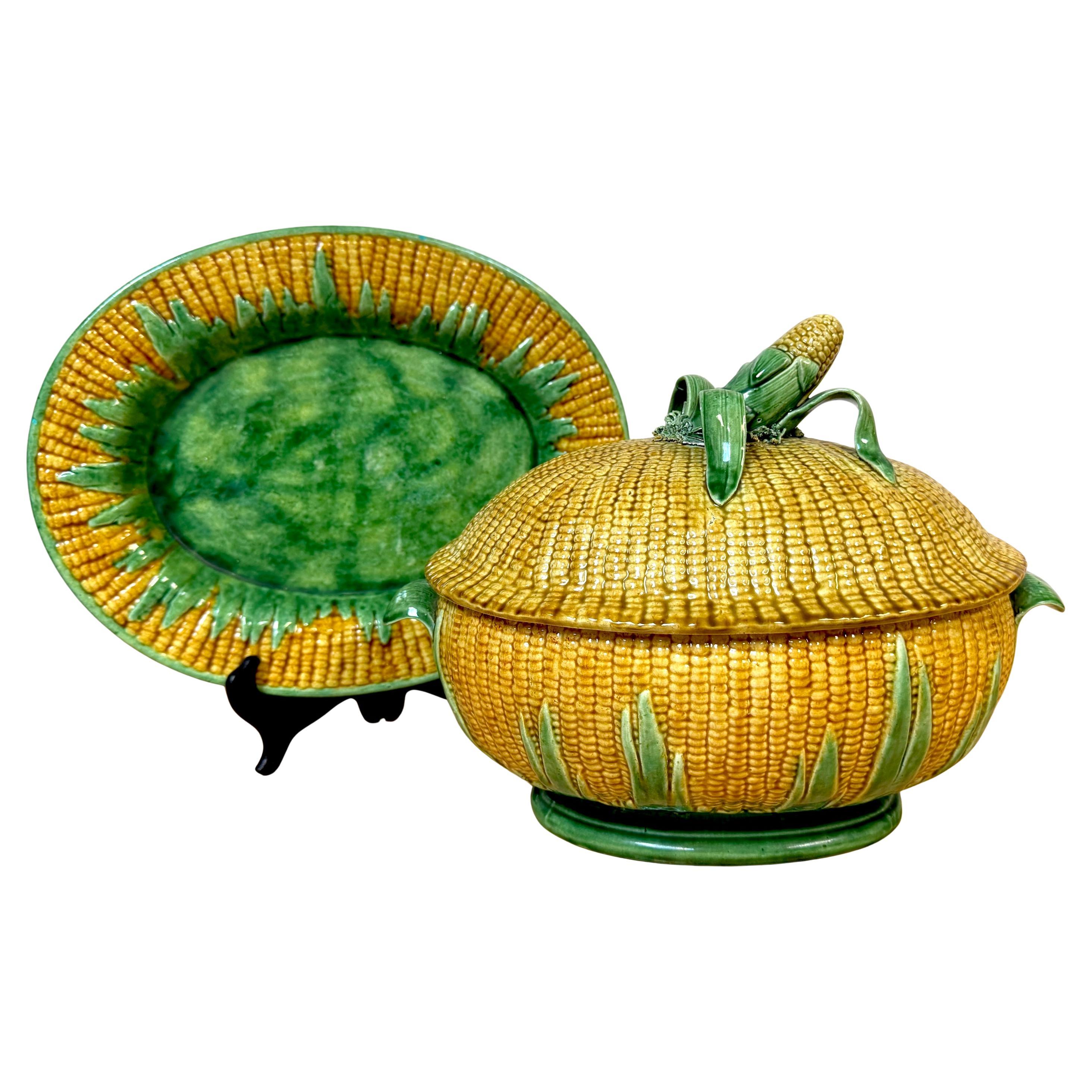 Portuguese Majolica Corn Motif Tureen & Platter, by José A. Cunha