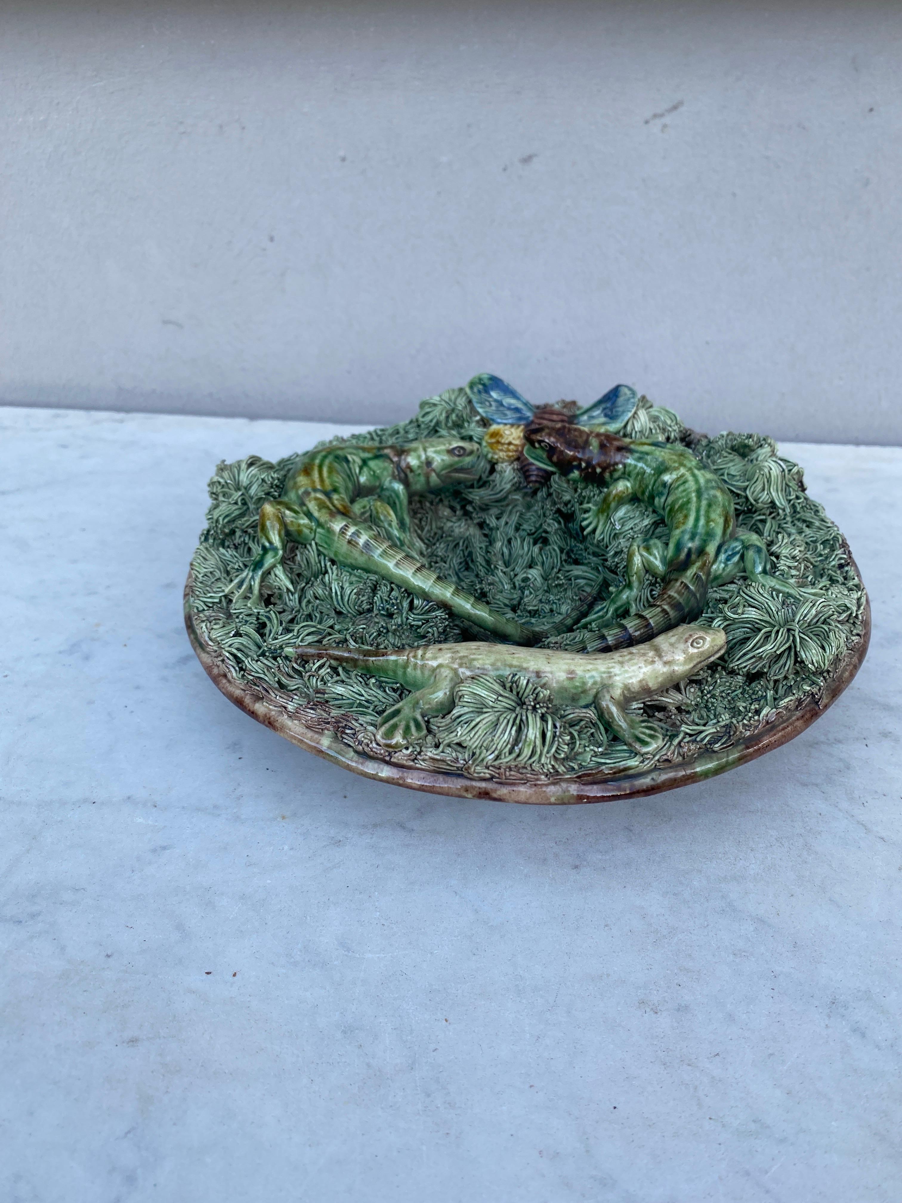 Country 19th Century Portuguese Majolica Palissy Wall Lizard Platter  For Sale