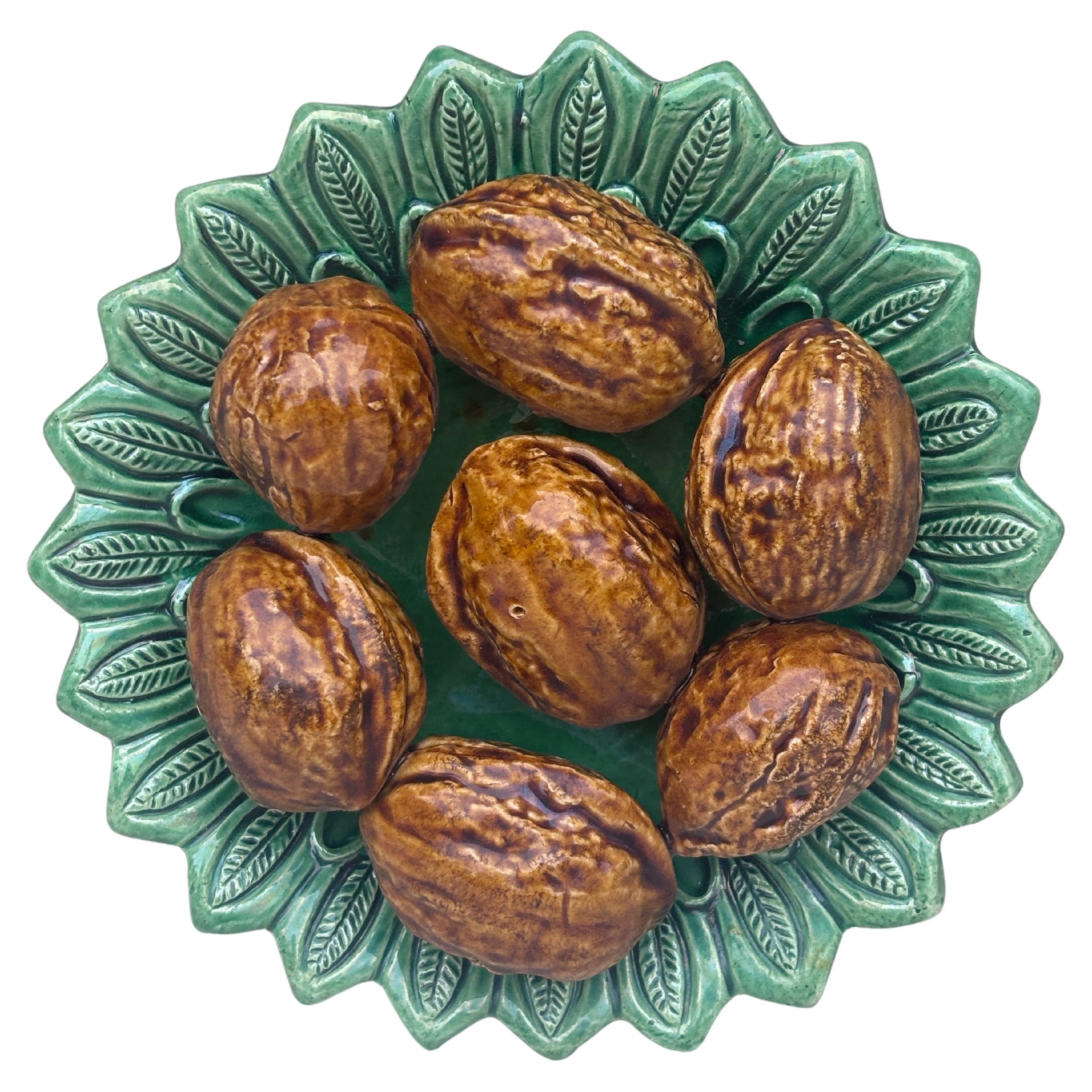 Portuguese Majolica Palissy Walnuts Platter Aires C. Leal Caldas Da Rainha For Sale