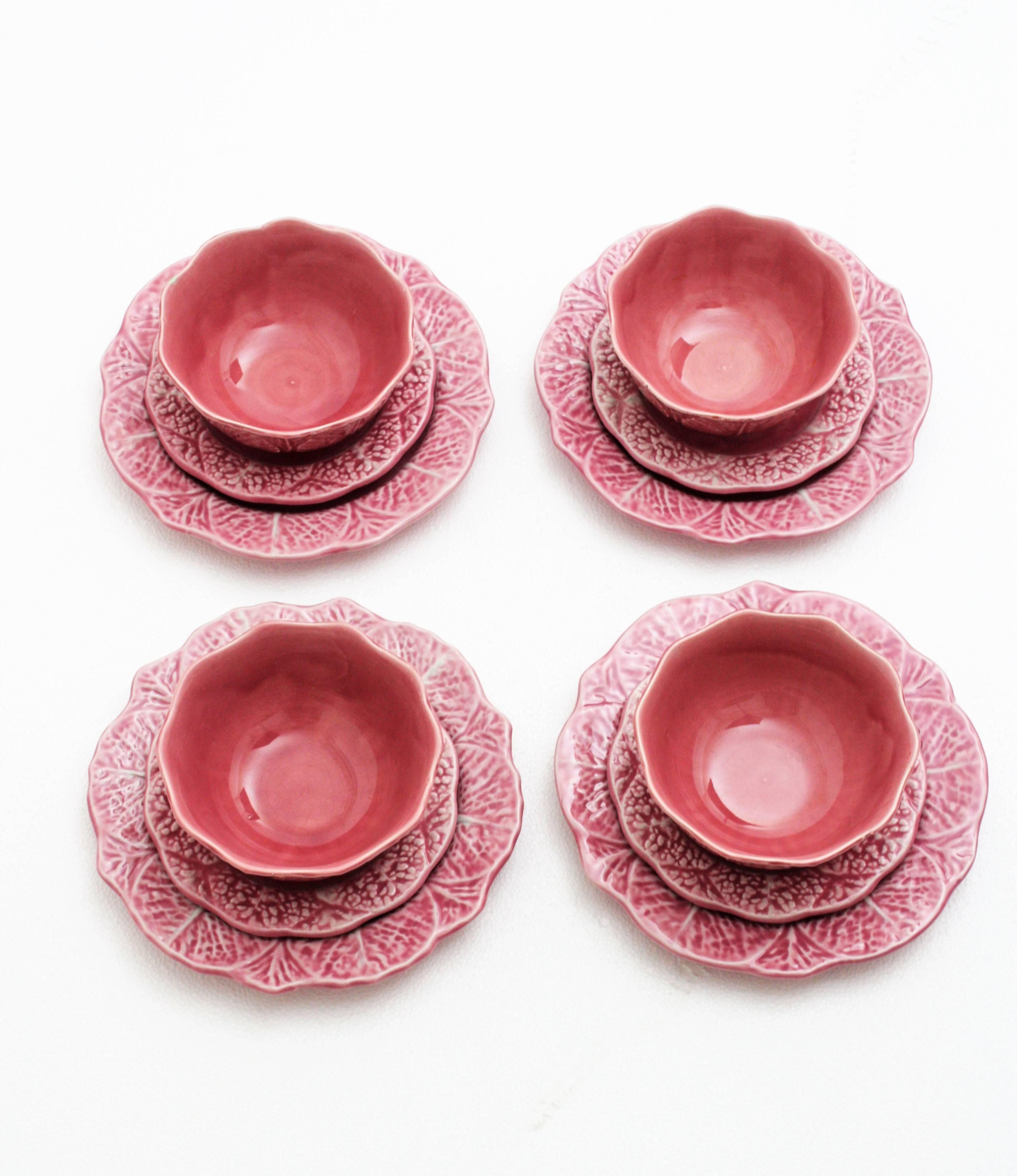 Mid-Century Modern Portuguese Majolica Pink Ceramic Dessert or Breakfast Service for Four For Sale