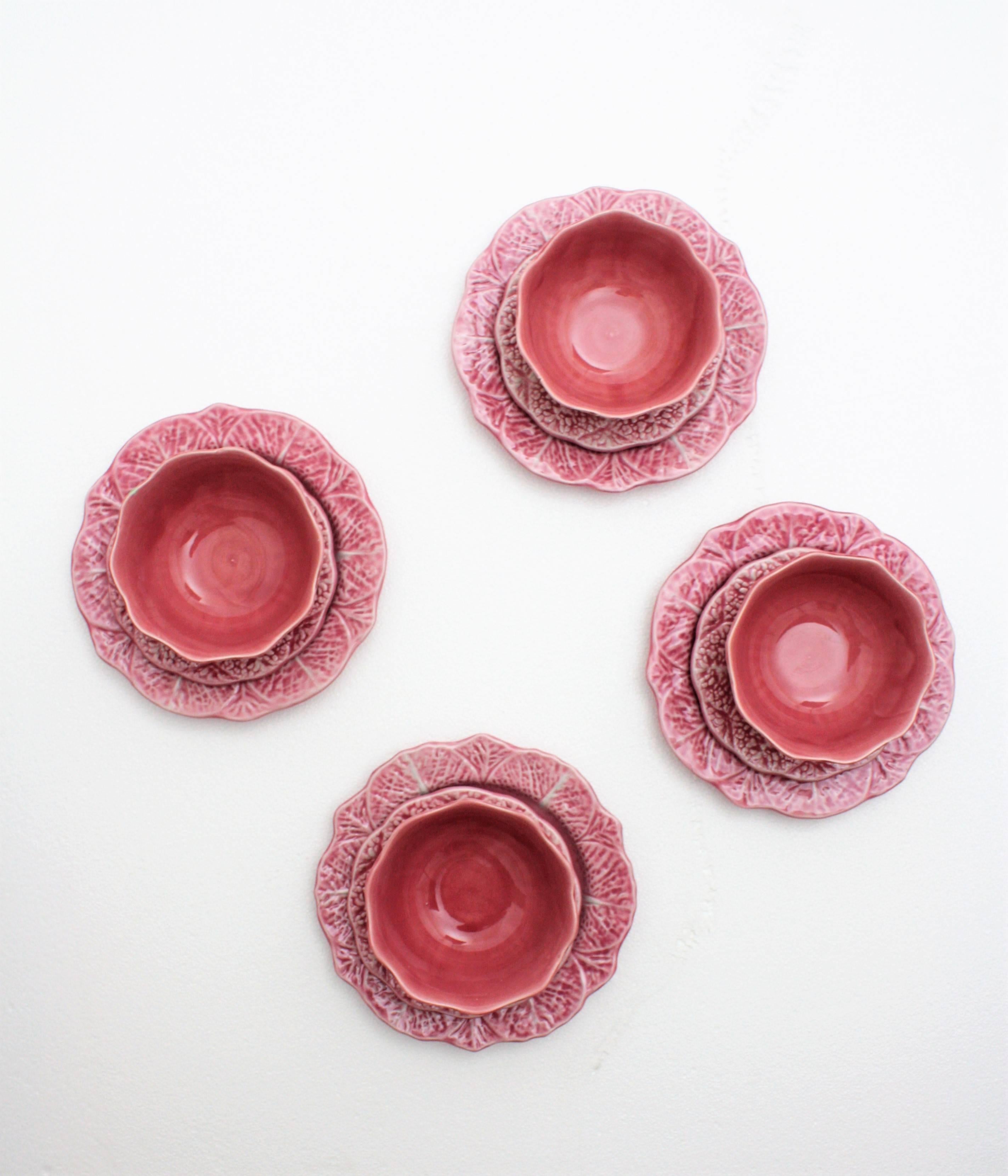 Glazed Portuguese Majolica Pink Ceramic Dessert or Breakfast Service for Four For Sale