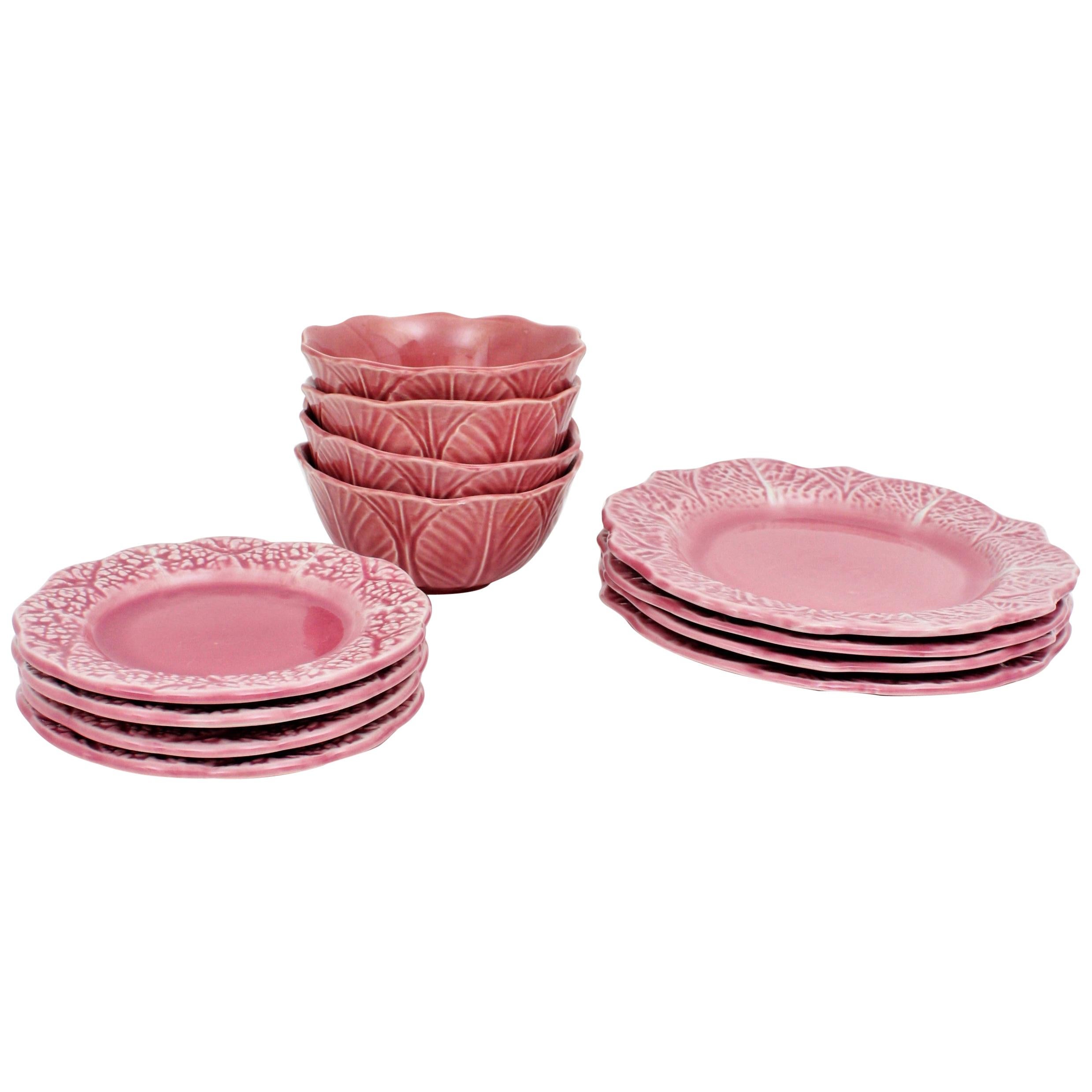 Portuguese Majolica Pink Ceramic Dessert or Breakfast Service for Four