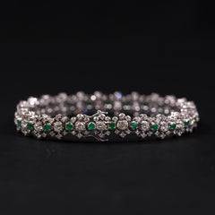 Portuguese Mid-Century Emerald Diamond Cluster Bracelet White Gold 1950s-1960s
