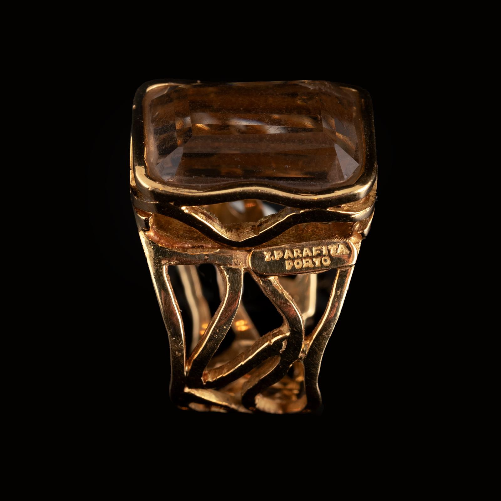 Emerald Cut Portuguese Modernist Smoky Quartz and Gold Ring For Sale