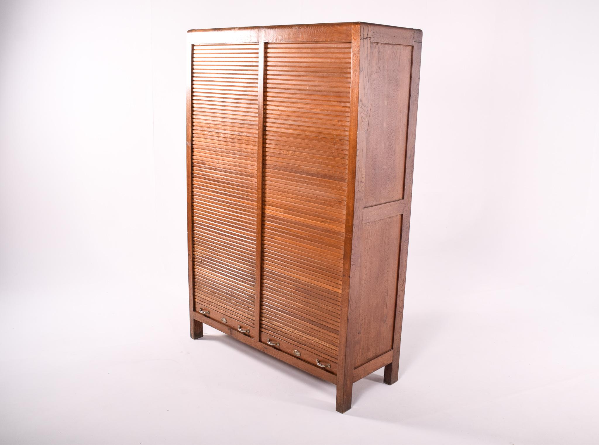Mid-Century Modern Portuguese Oak Tambour Door File Double Cabinet, By Olaio, 1950s For Sale