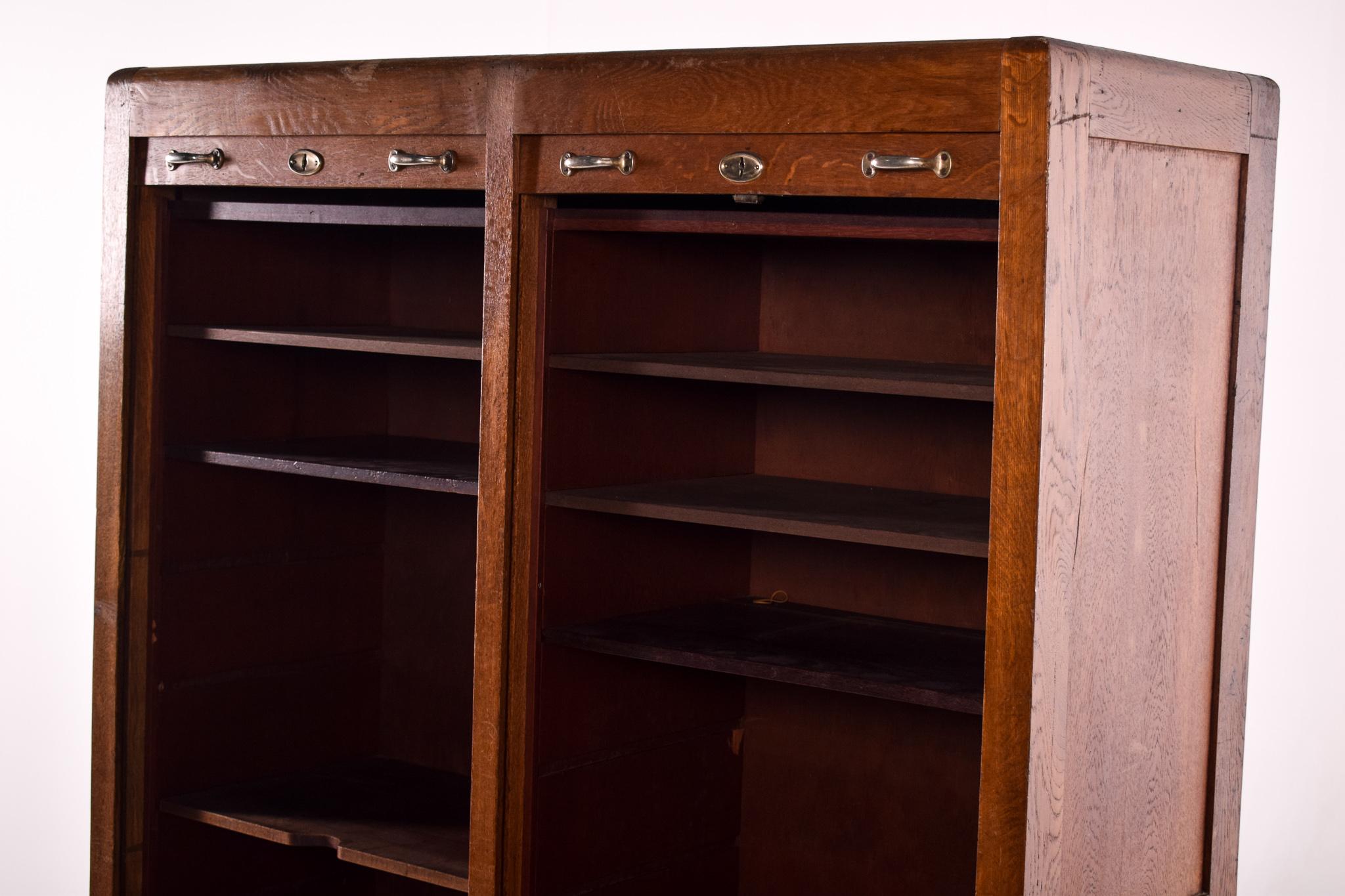 Portuguese Oak Tambour Door File Double Cabinet, By Olaio, 1950s In Good Condition For Sale In Lisboa, Lisboa