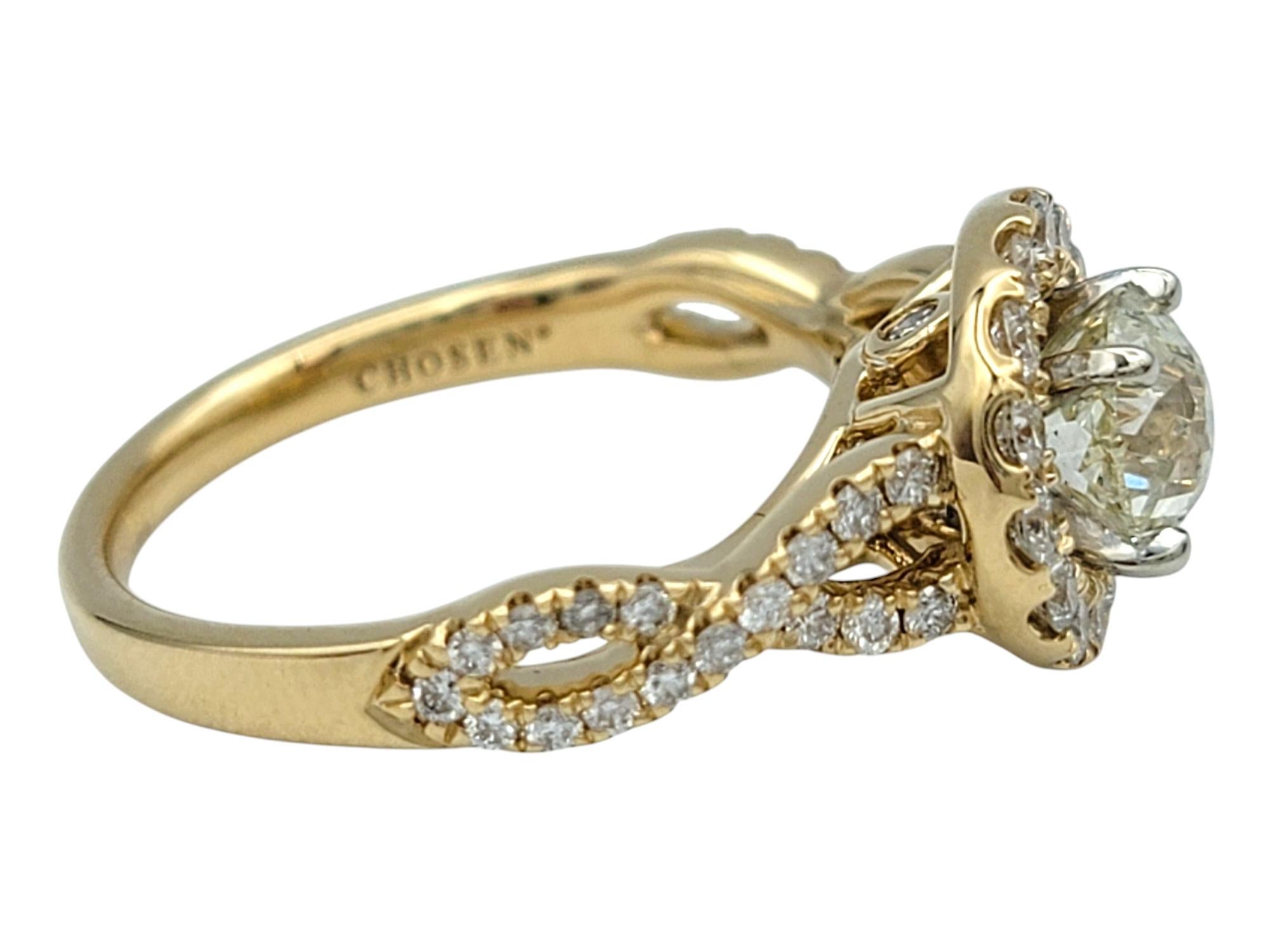 Portugiesischer Verlobungsring aus 14 Karat Gelbgold mit Diamant-Halo im alteuropäischen Schliff (Alteuropäischer Schliff) im Angebot