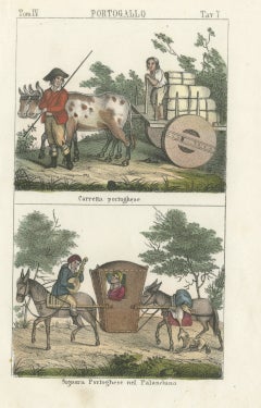 Portuguese Ox Cart and a Lady in a Palanquin, Hand Colored Lithograph, 1842