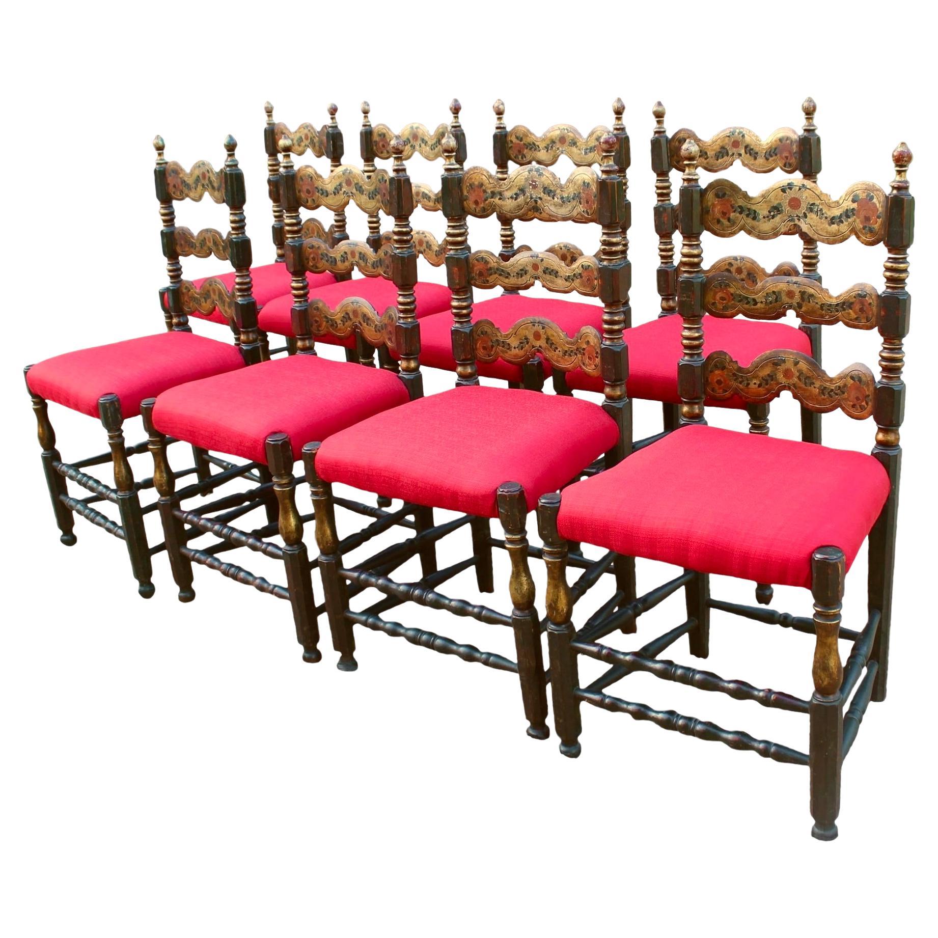 Portuguese Painted and Parcel Gilt Dining Chairs- Set of Eight