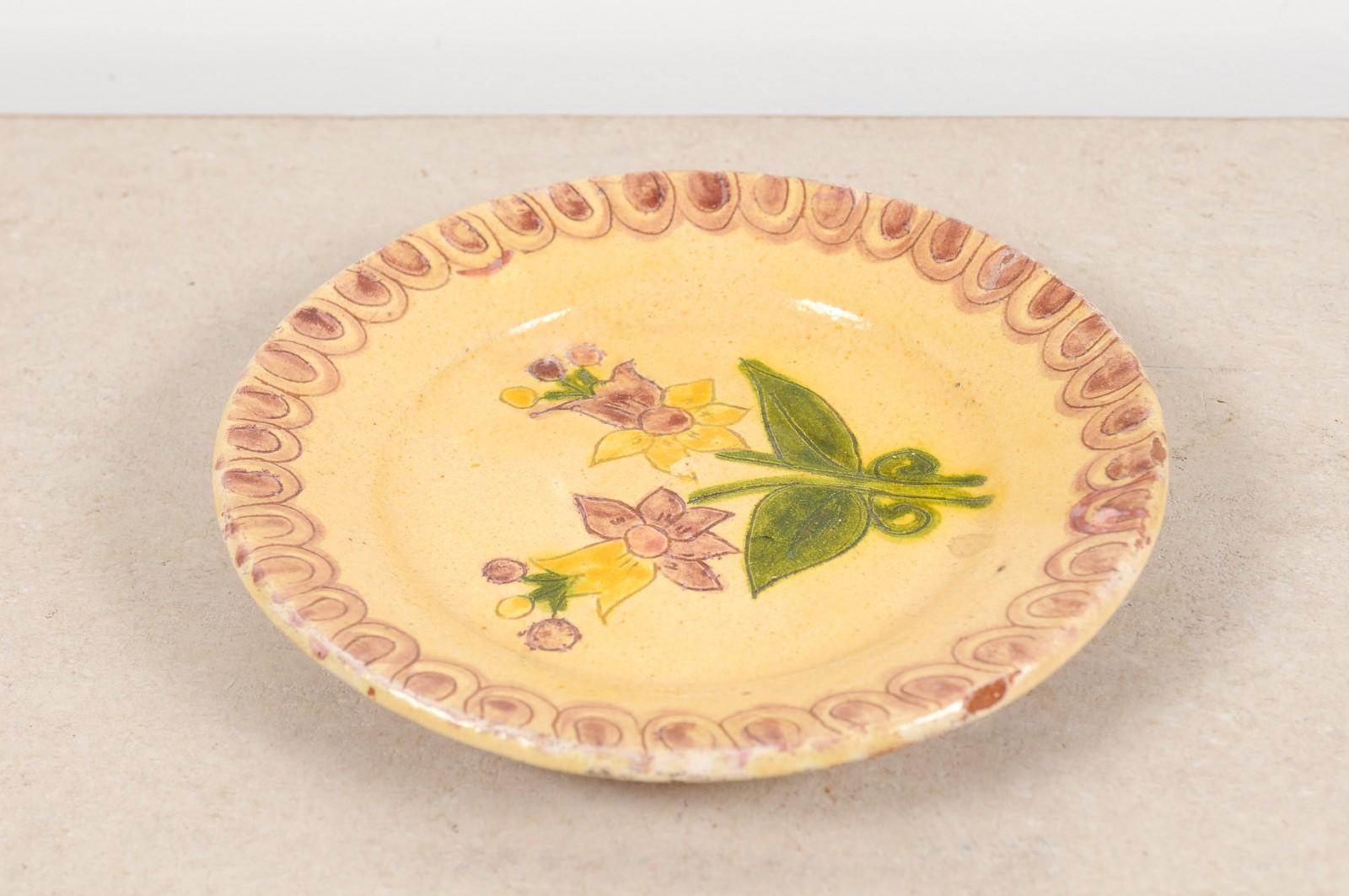 Portuguese Painted Clay Floral Pottery Plate with Pink, Yellow and Green Tones 6