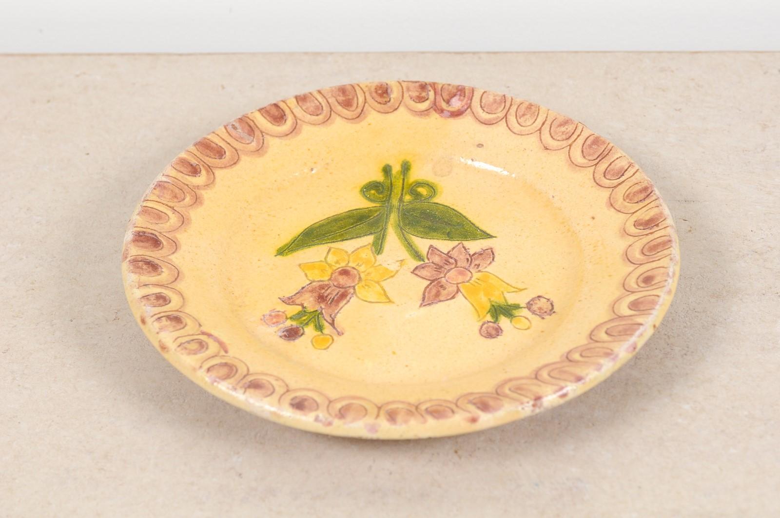 Portuguese Painted Clay Floral Pottery Plate with Pink, Yellow and Green Tones 7