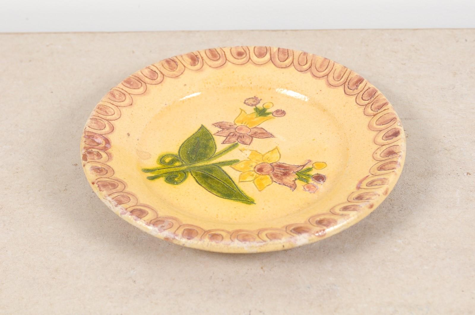 Portuguese Painted Clay Floral Pottery Plate with Pink, Yellow and Green Tones 8